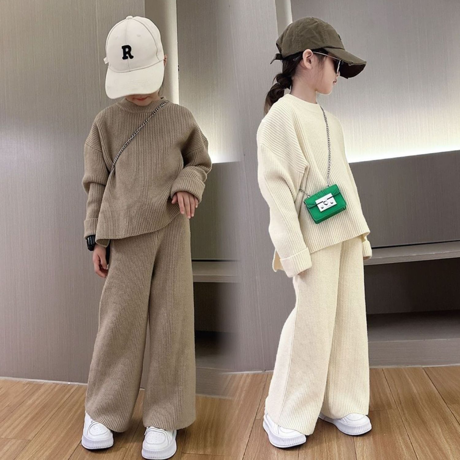 Girls autumn and winter fashion knitted suit 2023 new children's lazy style Korean style sweater wide leg pants two-piece set