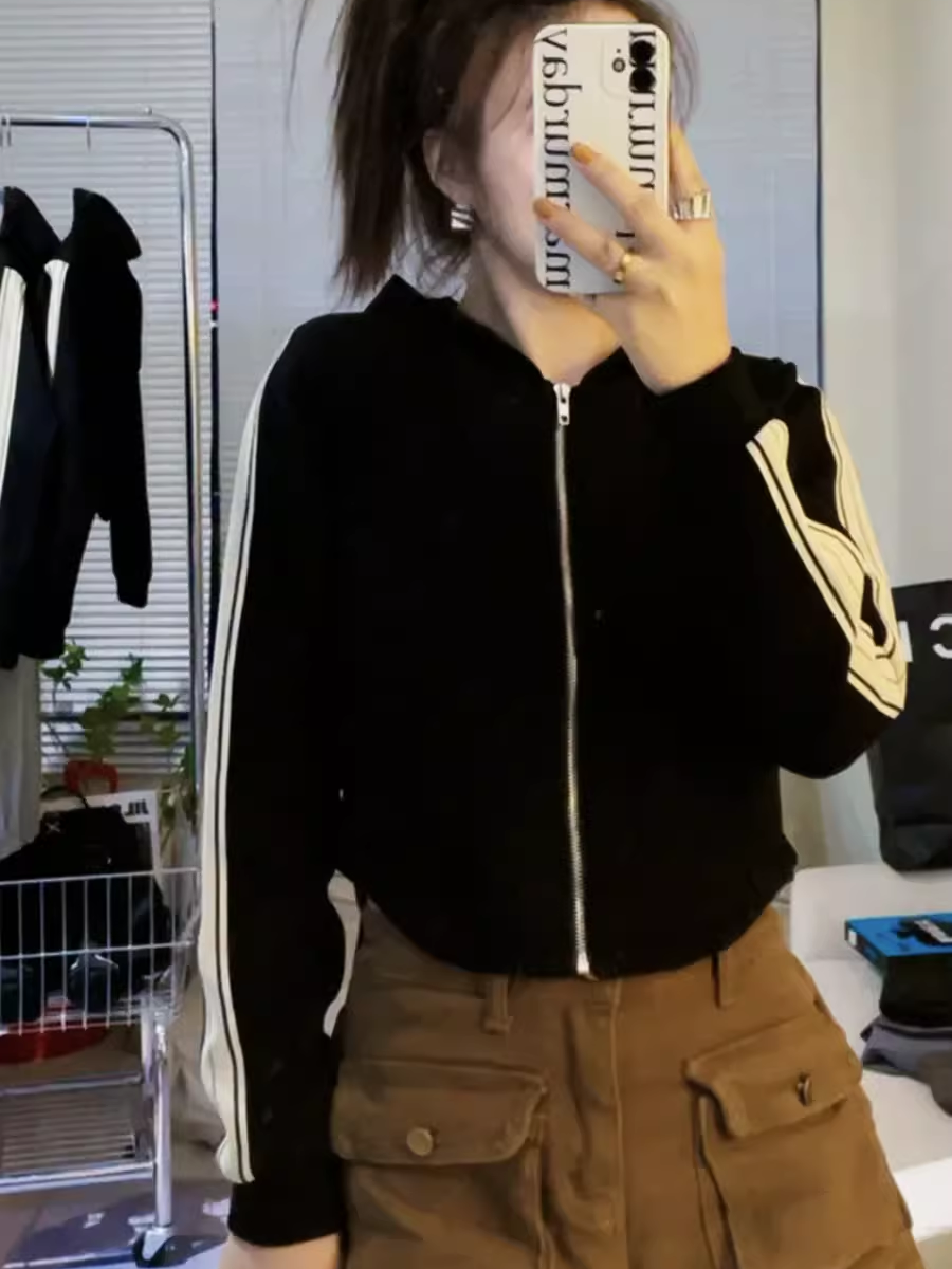 新款設計感炸街夾克衫上衣女時尚條紋立領拉鏈衛衣短款連帽衫秋