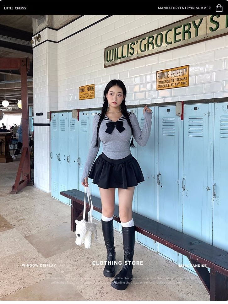人間煙火 蝴蝶結水手領收腰上衣V型腰頭半身裙套裝大碼顯瘦兩件套