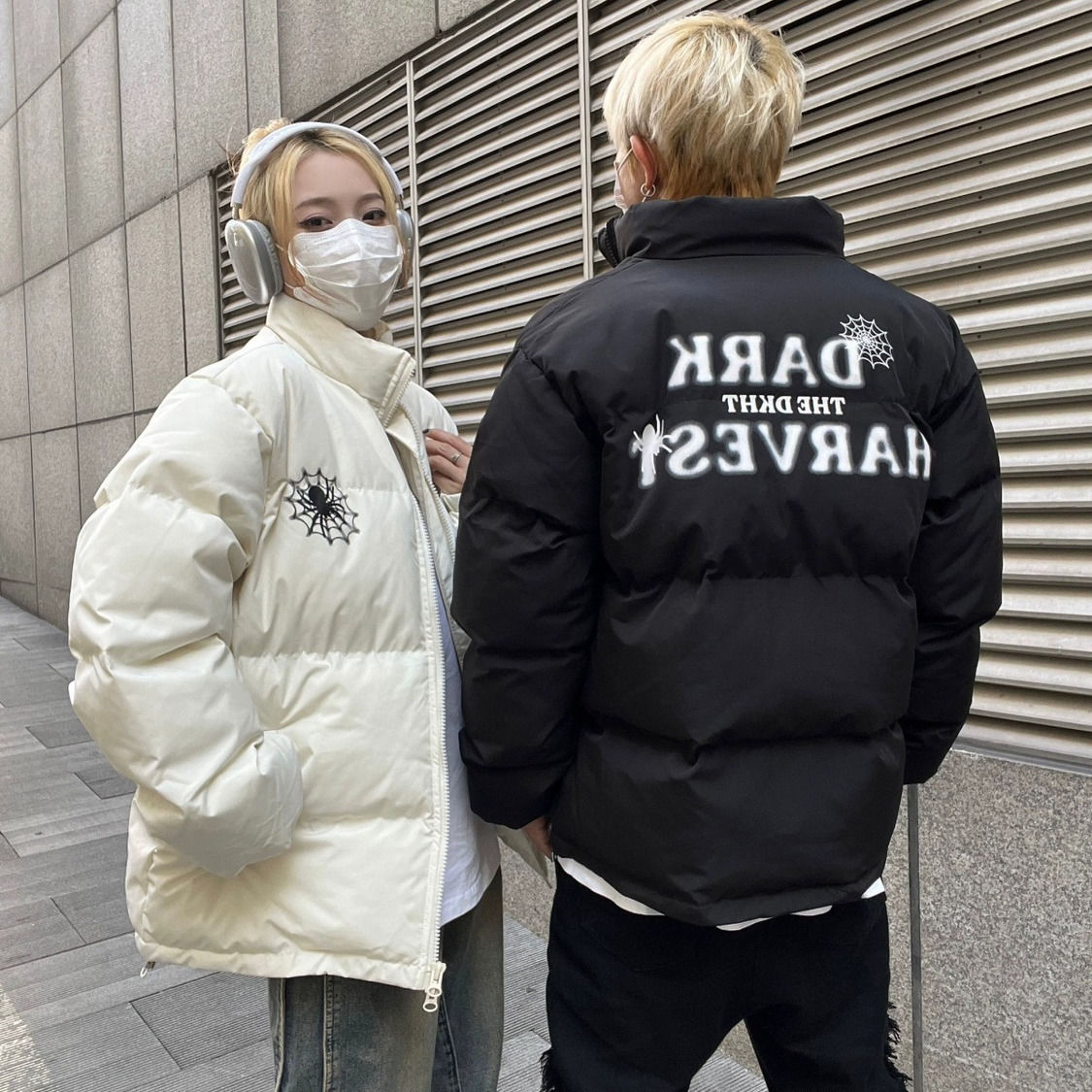 美式字母冬季印花情侶新款棉衣立領棉服麵包寬鬆男女保暖加厚外套