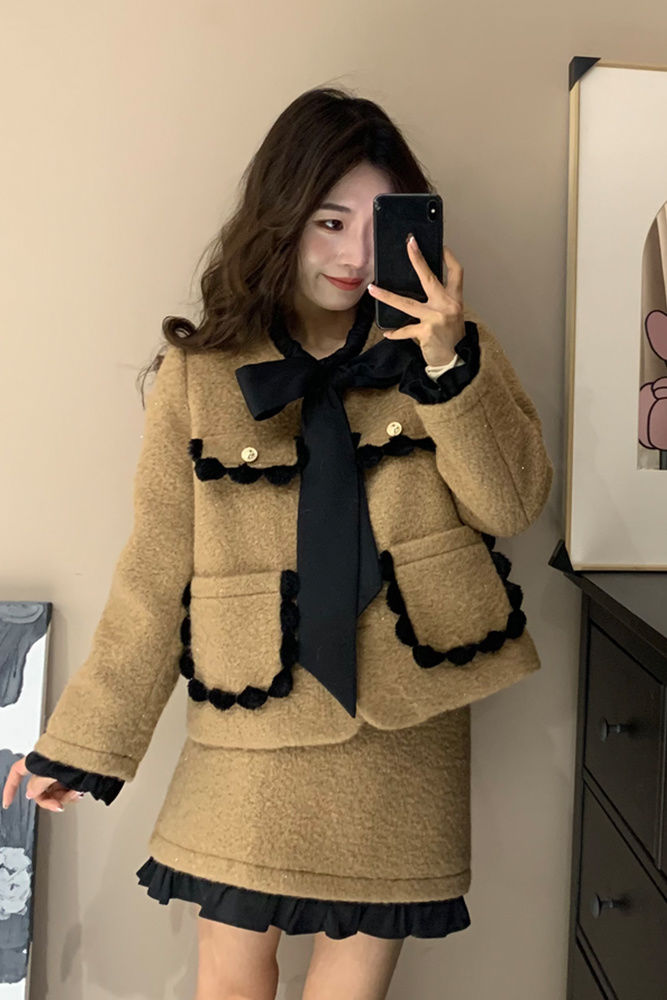 Damen Französischer Winteranzug Little Style Melard Langarmjacke Cardigan Rock Passendes Set_voghion.com