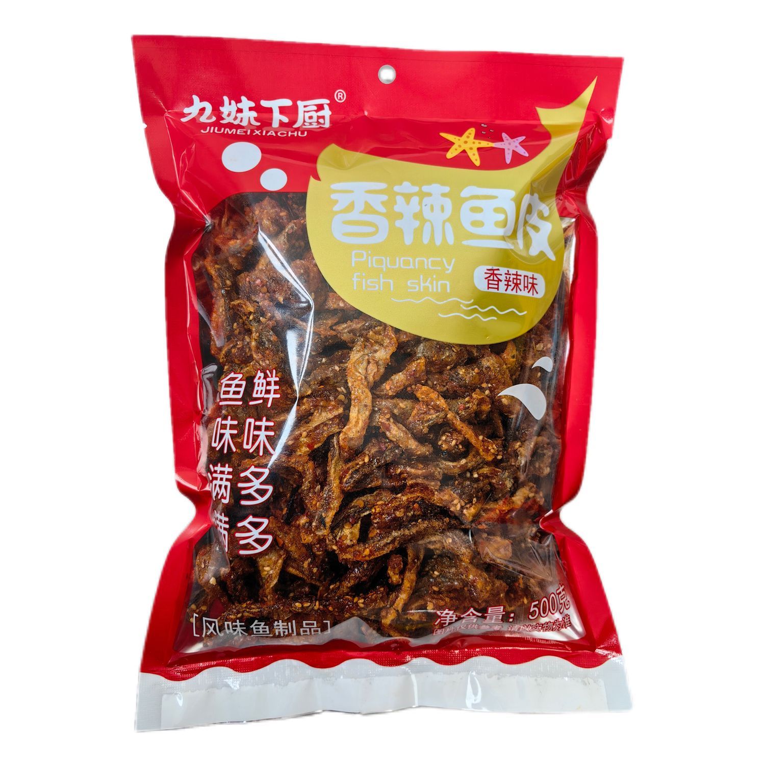 Jiumei cooks sweet and spicy deep-sea fish skin cod fillet snack seafood ready-to-eat bagged crispy snack 500g