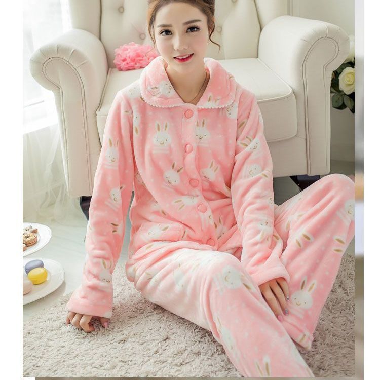 Autumn and winter women's flannel pajamas cardigan thickened plus velvet coral velvet warm plus size women's winter home wear set
