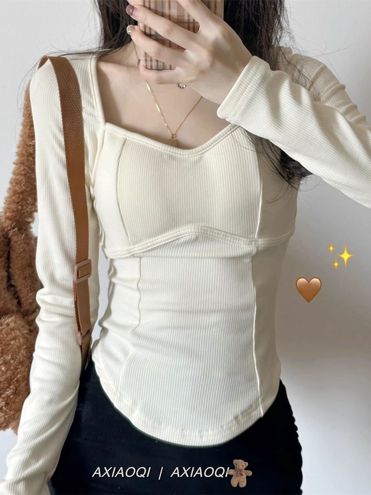 方領魚骨打底衫女新款秋冬內搭正肩小個子修身顯瘦長袖T恤ins上衣