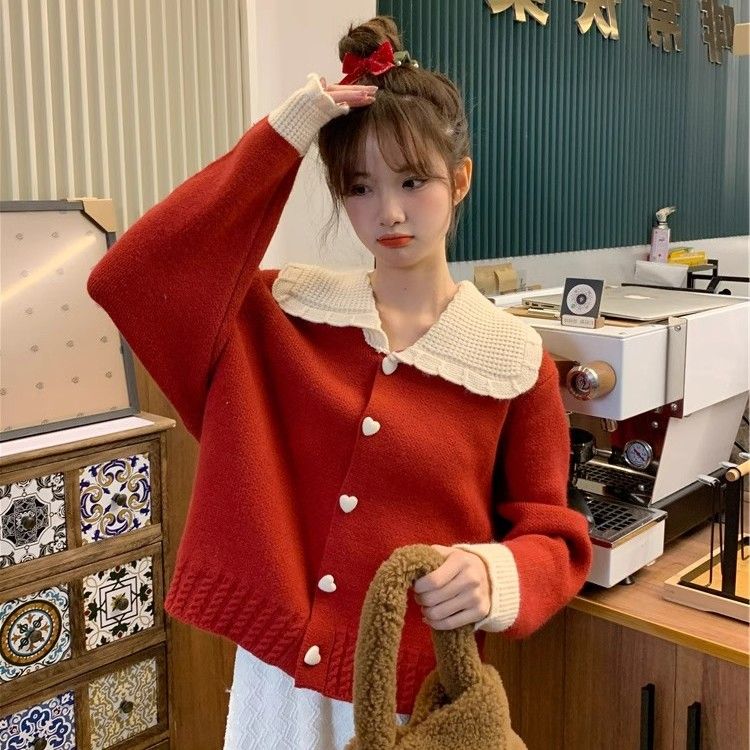 This year's popular and beautiful design contrasting color doll collar sweater autumn and winter tops women's new long-sleeved cardigan trend