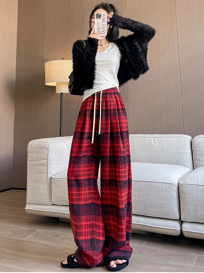Yellow plaid trousers for women in spring, autumn and winter plus velvet new high-waisted casual slimming retro straight-leg floor-length wide-leg pants