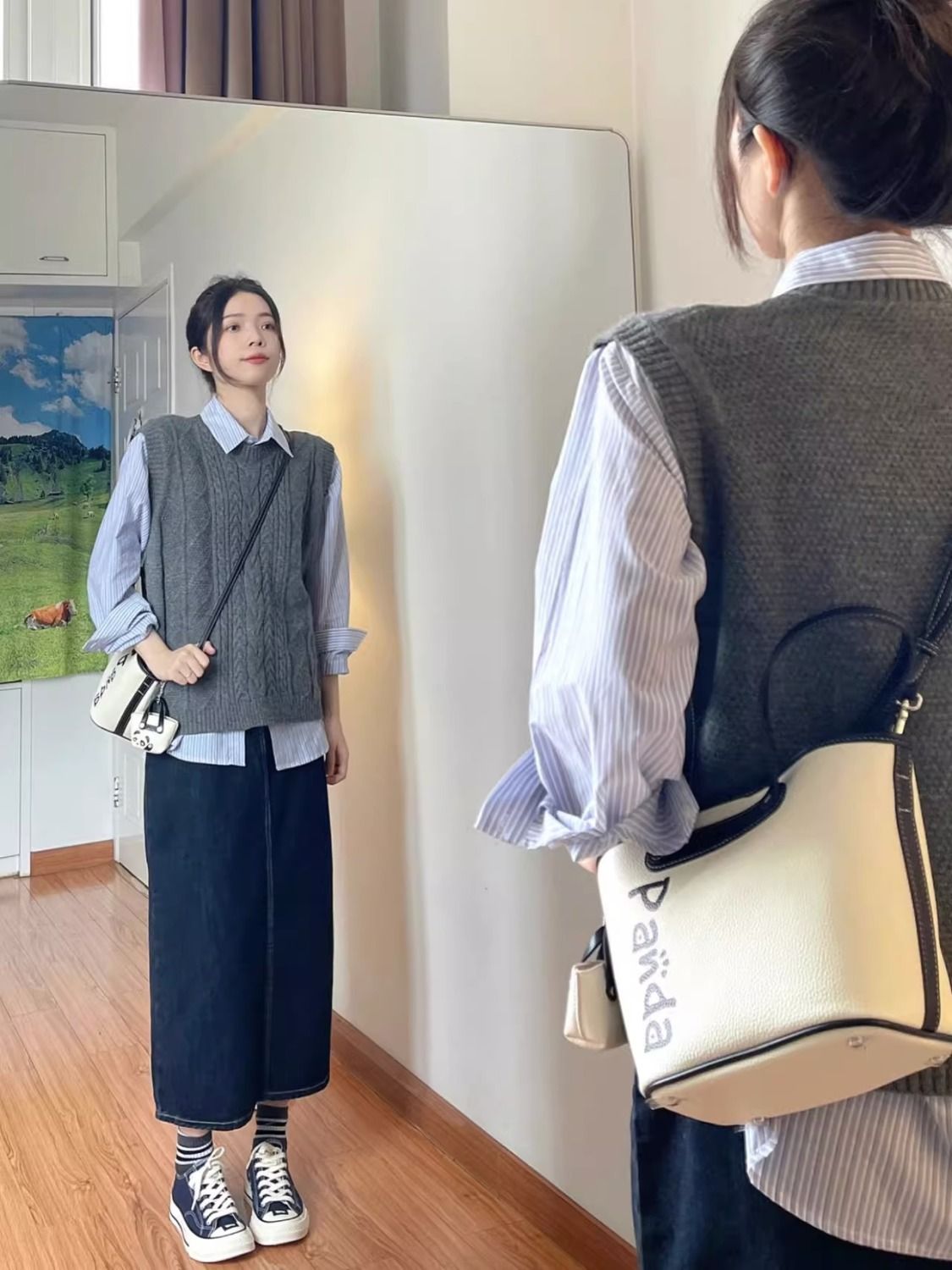 秋冬季新款慵懶風坎肩針織馬甲背心女疊穿條紋襯衫兩件套內搭套裝