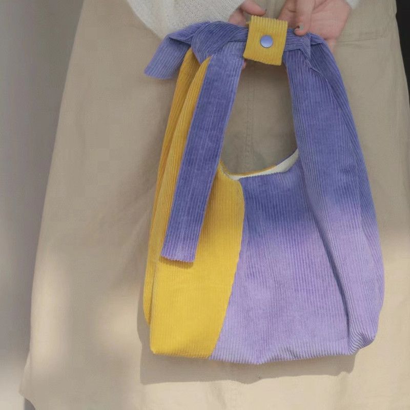 2023 Autumn and Winter New Versatile Corduroy Purple and Yellow Color Block Girls Tote Bag Cute Simple Handbag Shoulder Bag