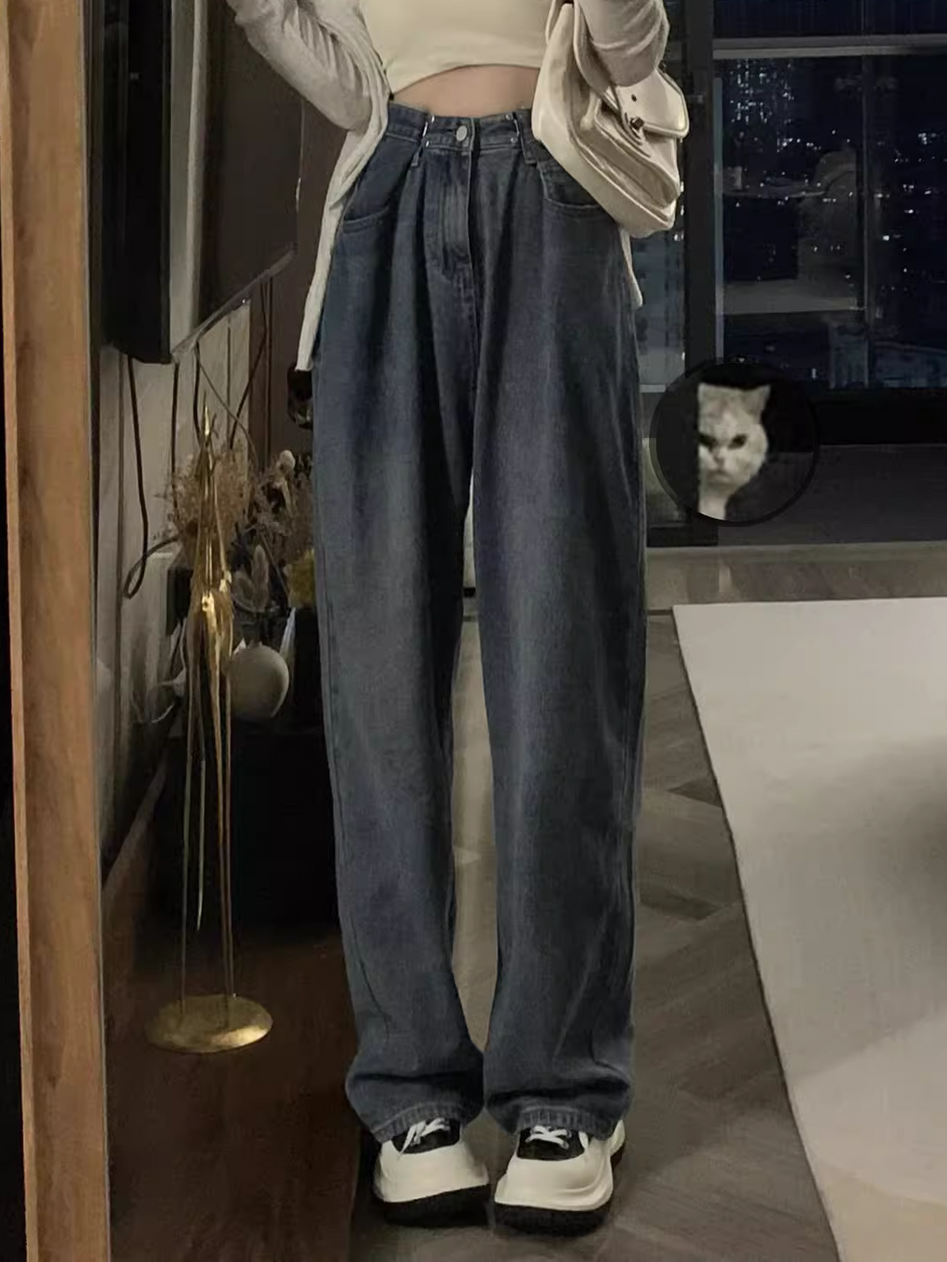 美式復古牛仔褲女秋冬大碼胖mm高腰顯瘦直筒寬鬆百搭闊腿拖地褲子