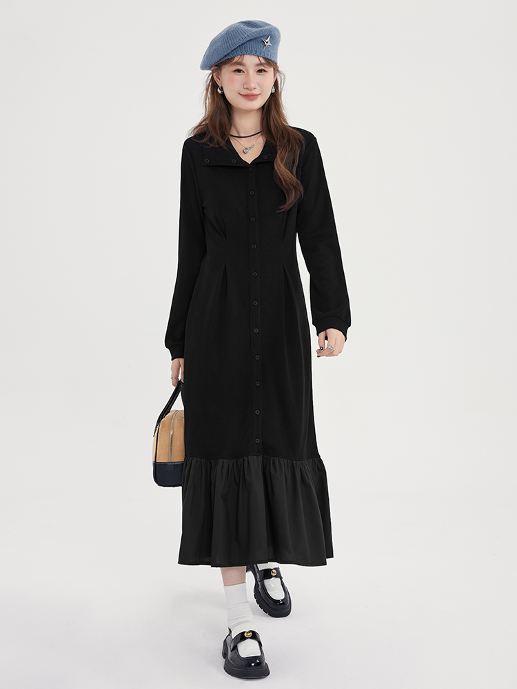大碼胖MM荷葉邊連衣裙女秋季2023新款高級感顯瘦遮肉黑色長裙子