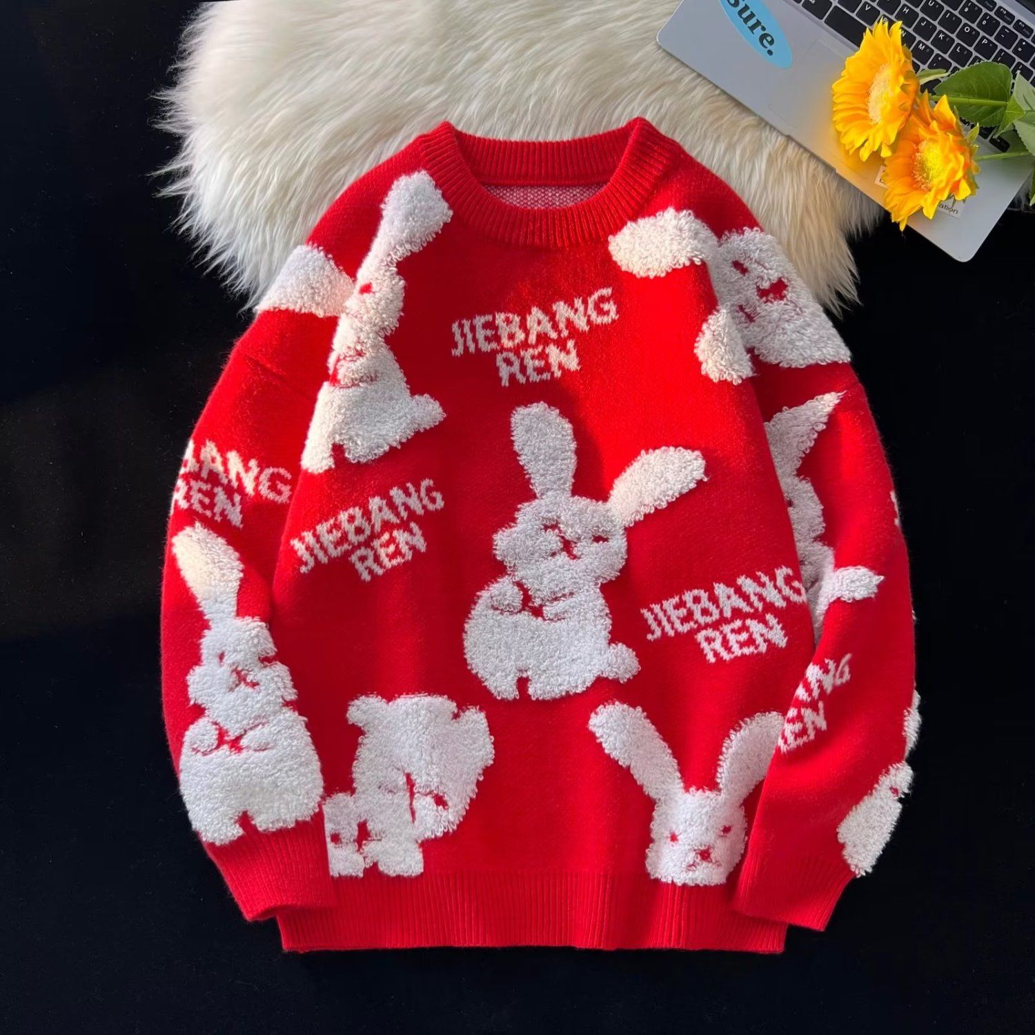 兔子本命年红色毛衣新年兔年2023加厚情侣装冬季情侣针织衫