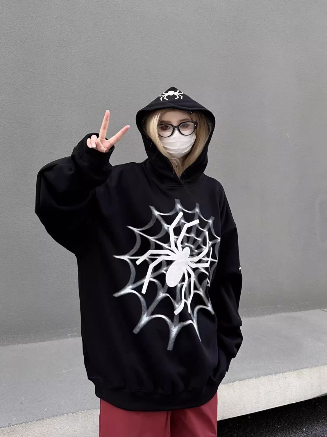 美式復古原創國潮蜘蛛印花純棉連帽衛衣男女秋季小眾設計感帽衫女