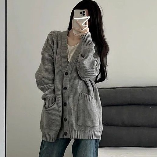 Gray lazy style sweater for women autumn and winter  new hot style small loose top knitted cardigan jacket