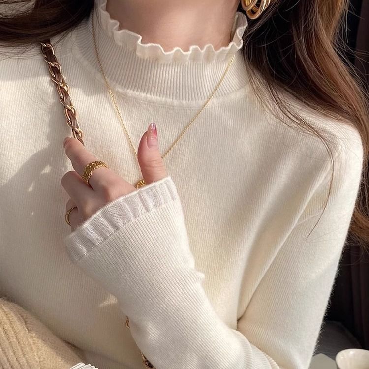 Half turtleneck sweater bottoming shirt for women autumn and winter 2024 new warm and thickened foreign style inner lace top sweater