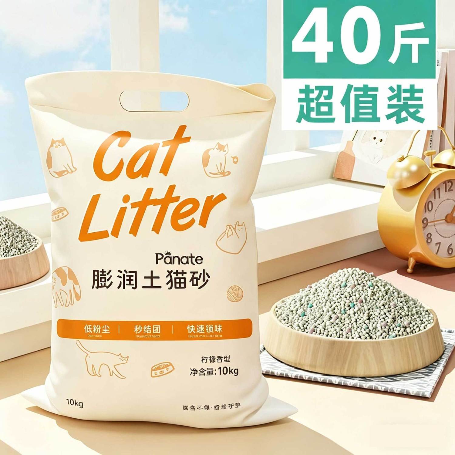 【皮纳特】猫砂20斤膨润土猫砂除臭10斤低尘吸水秒结团不沾底猫咪猫砂