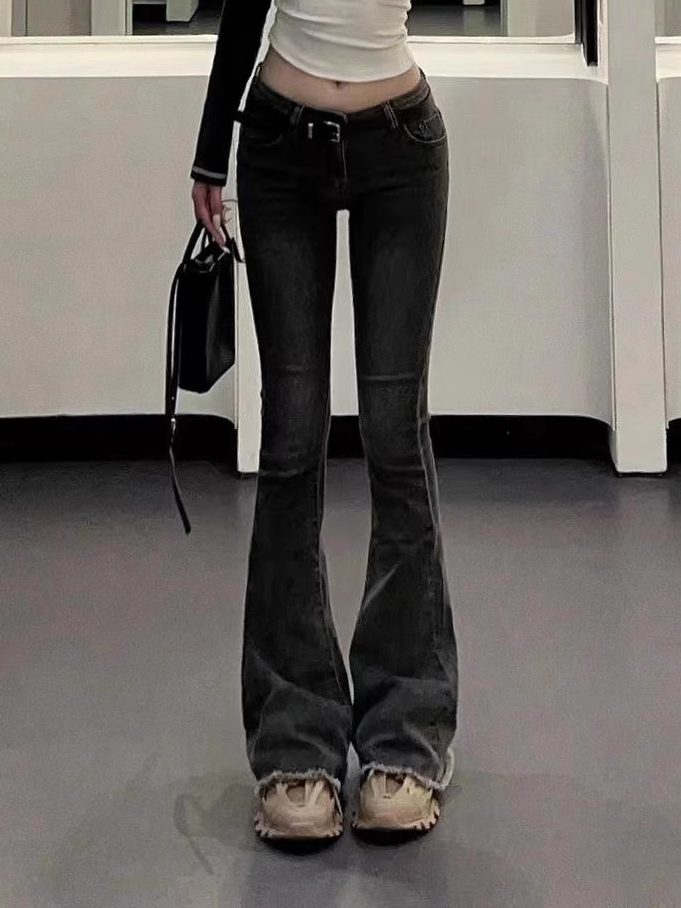 煙灰色低腰微喇叭牛仔褲女秋冬小個子辣妹修身顯瘦彈力毛邊馬蹄褲