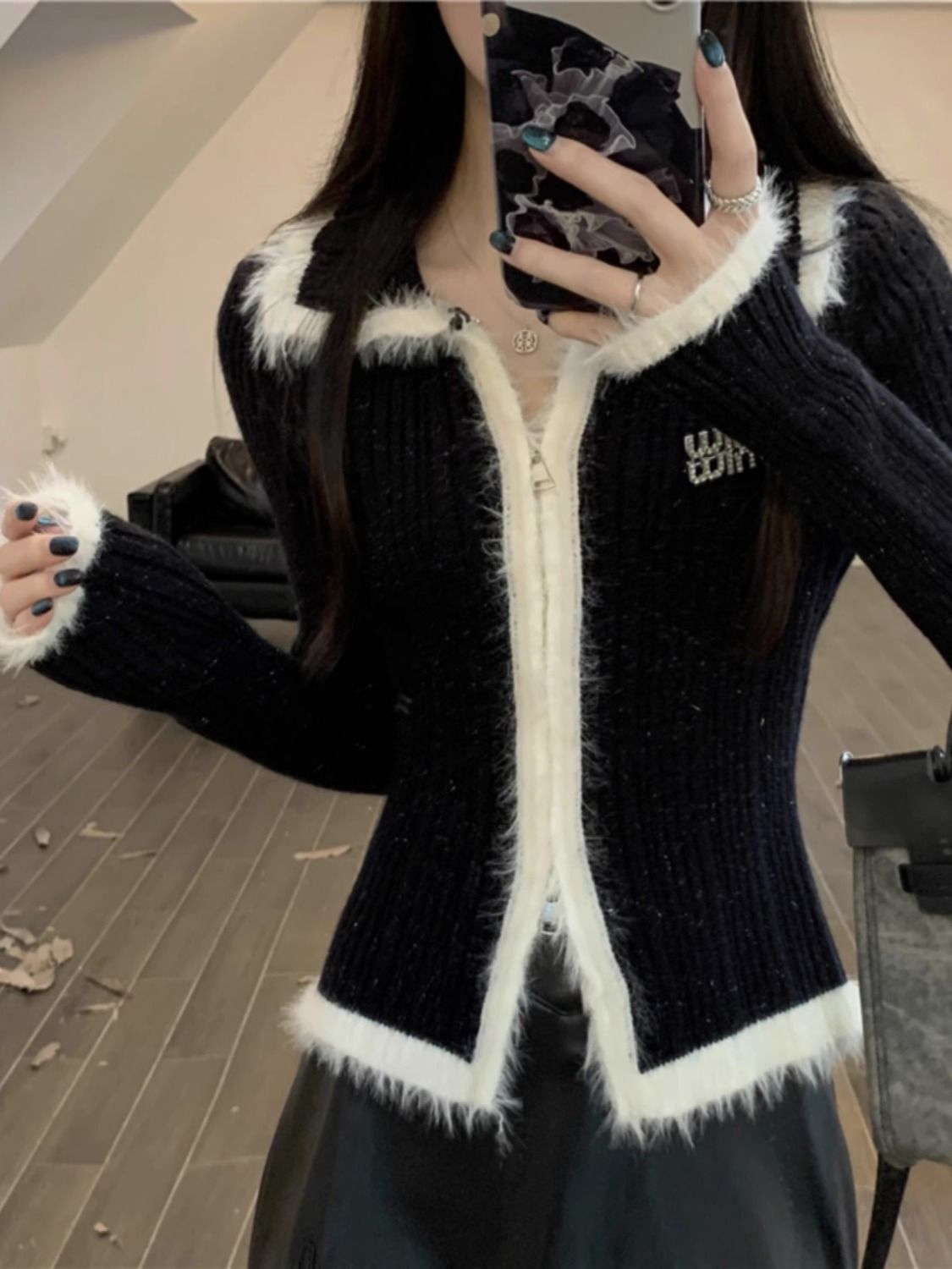 Red Christmas Plush Spliced ​​Lapel Knitted Cardigan Women's Autumn and Winter Slim Fit Chic Double Zipper Bottoming Sweater