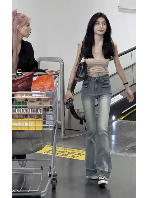 小個子復古辣妹微喇叭牛仔褲女美式水洗做舊高腰顯瘦馬蹄拖地長褲