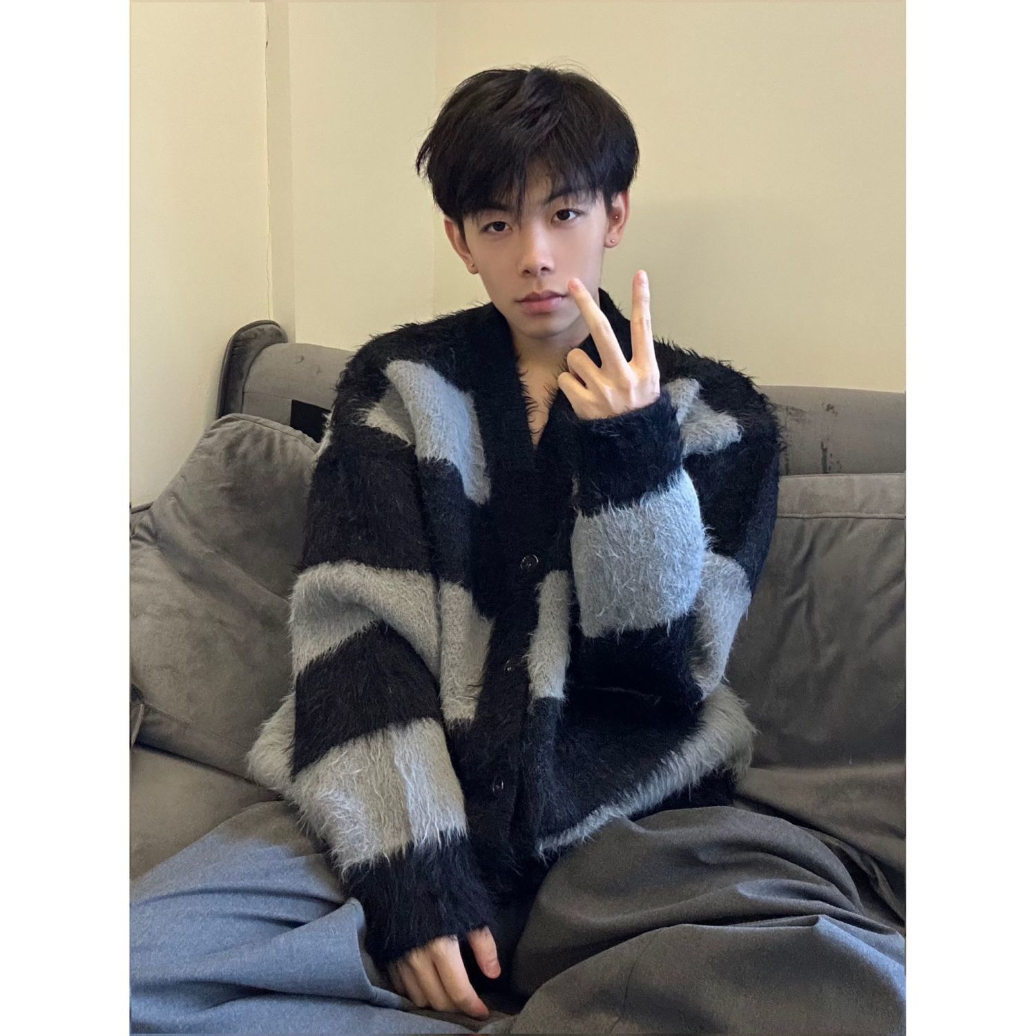 條紋撞色開衫毛衣男秋冬新款潮流寬鬆慵懶日系復古V領針織衫外套