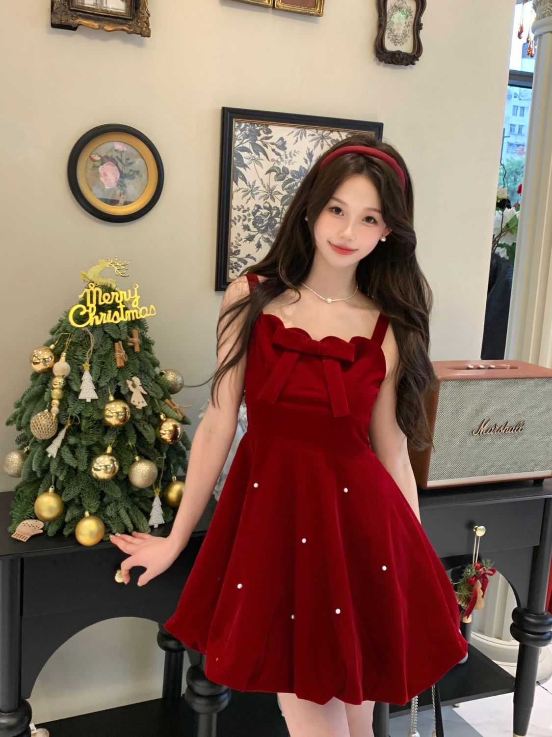 Bow red French velvet suspender dress winter high-end Christmas fluffy princess skirt New Year's shirt