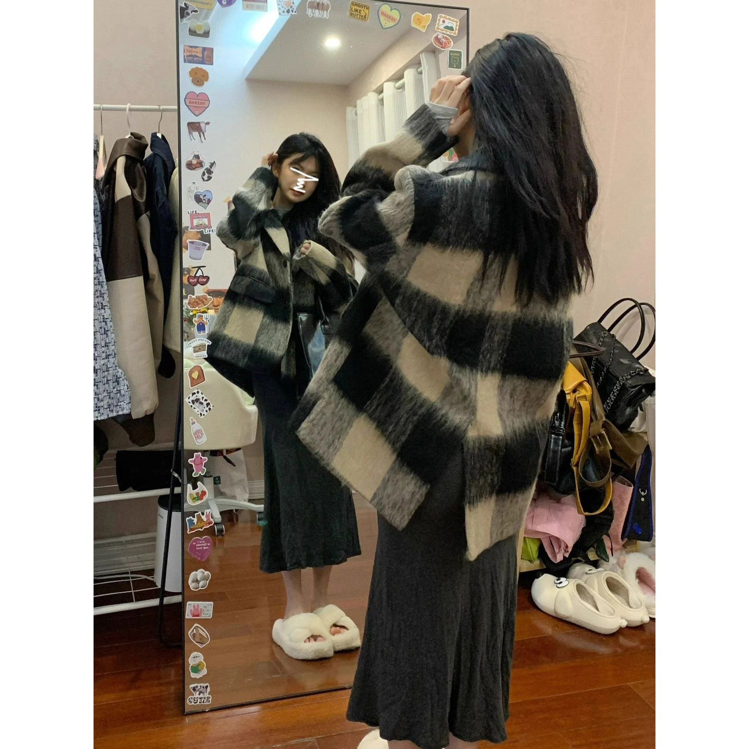 Plaid contrasting splicing woolen suit jacket for women in autumn and winter new design niche loose and versatile thickened top
