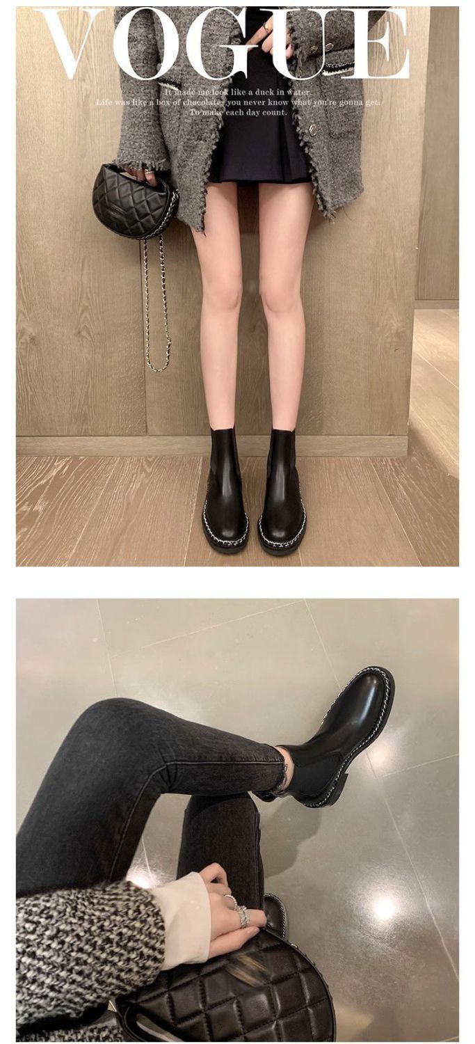 Castle Secret Realm~ Sweet And Cool Small Fragrant Wind Chain Tall Knight Boots Women's Leather Thick Heel But Knee Black Long Boots_vogvips.com