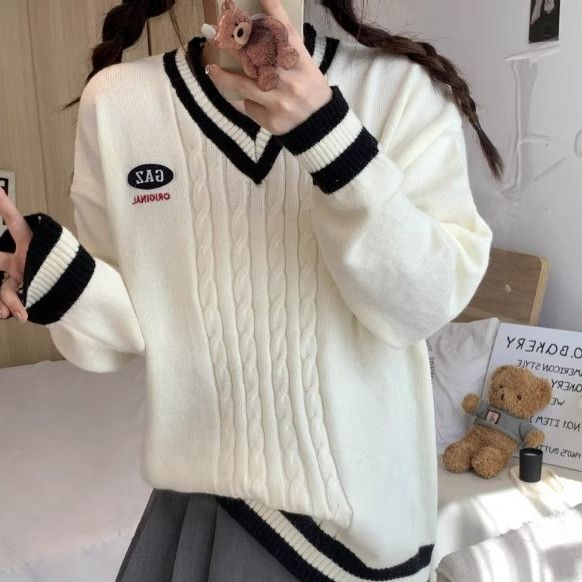 Japanese lazy contrast color cardigan sweater for women 2023 autumn and winter new college style loose knitted jacket top ins