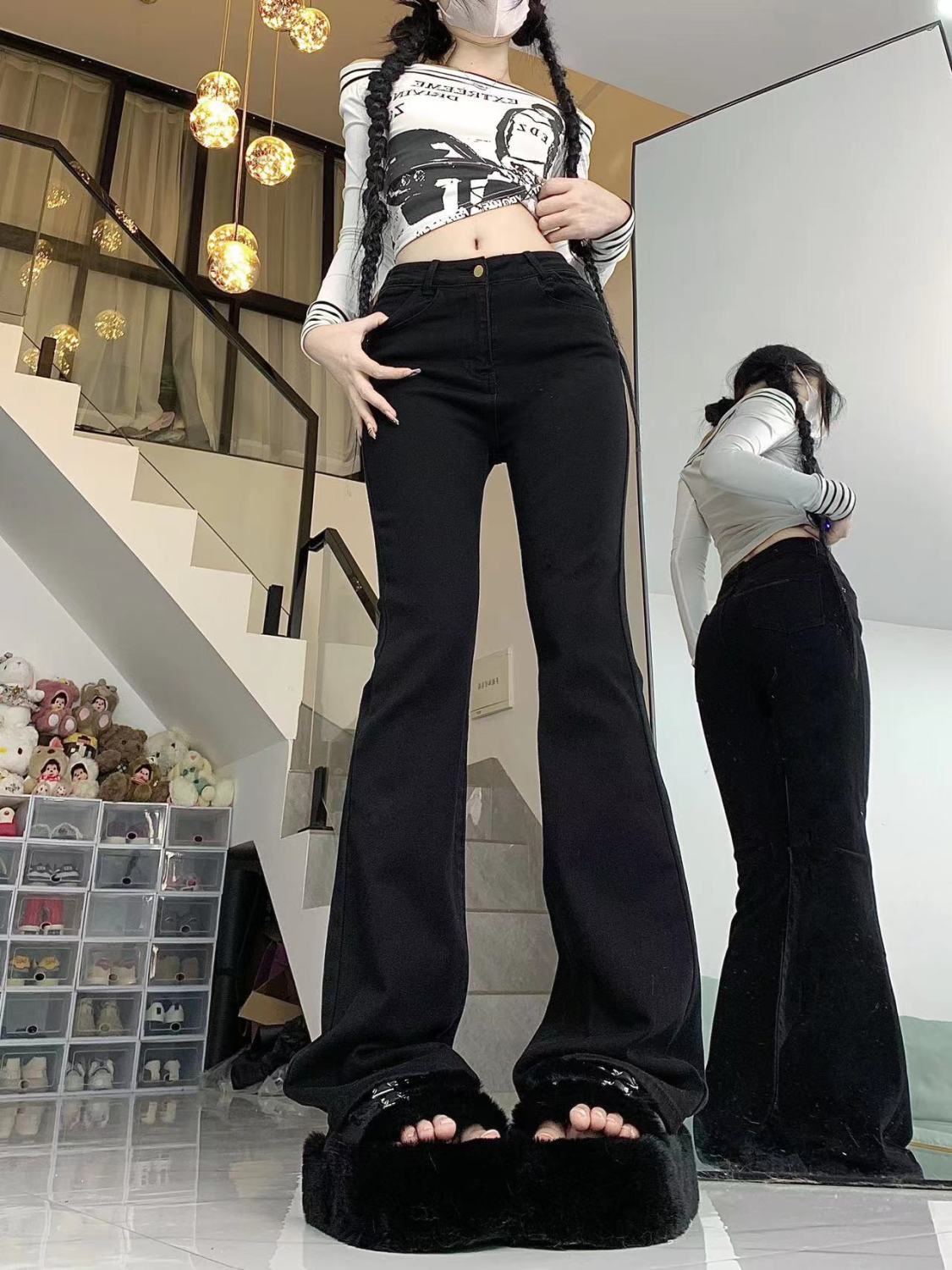 美式ins復古黑色微喇叭牛仔褲女秋冬辣妹高腰修身顯瘦馬蹄拖地褲