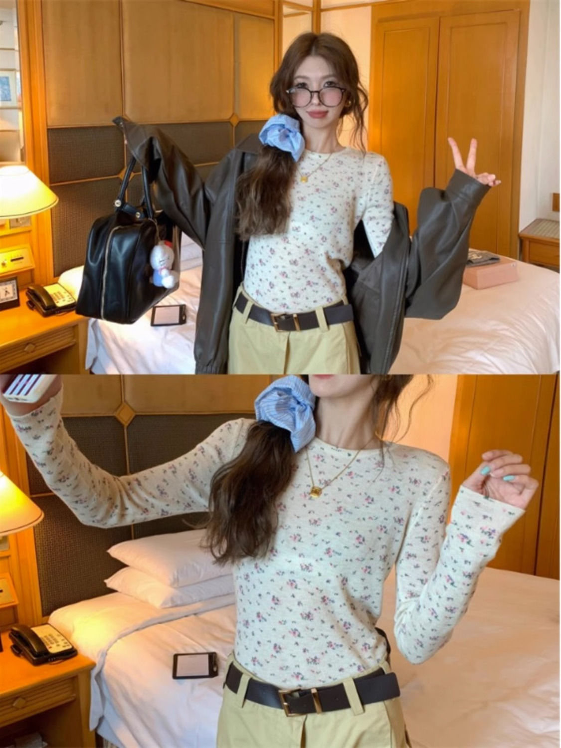 小碎花打底衫正肩T恤女春秋新款純欲法式設計感修身內搭長袖上衣
