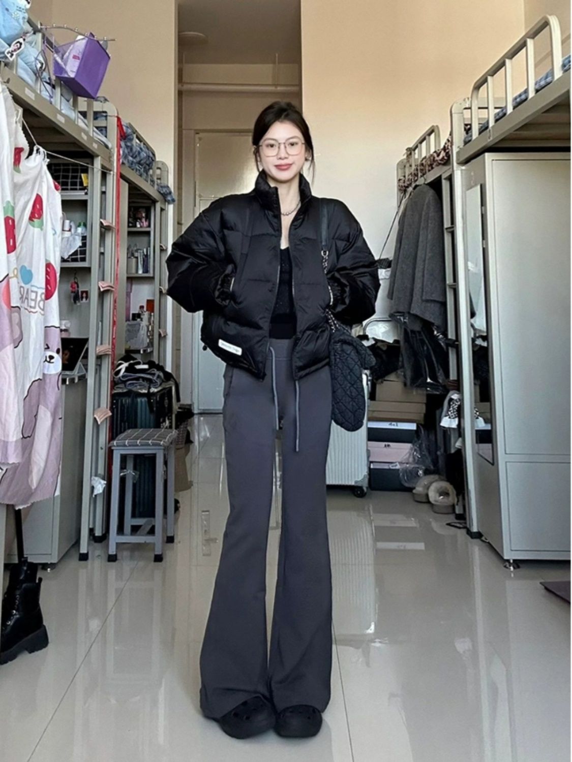 褲子女2024新款秋季灰色抽繩休閒修身顯瘦小個子美式高腰微喇叭褲