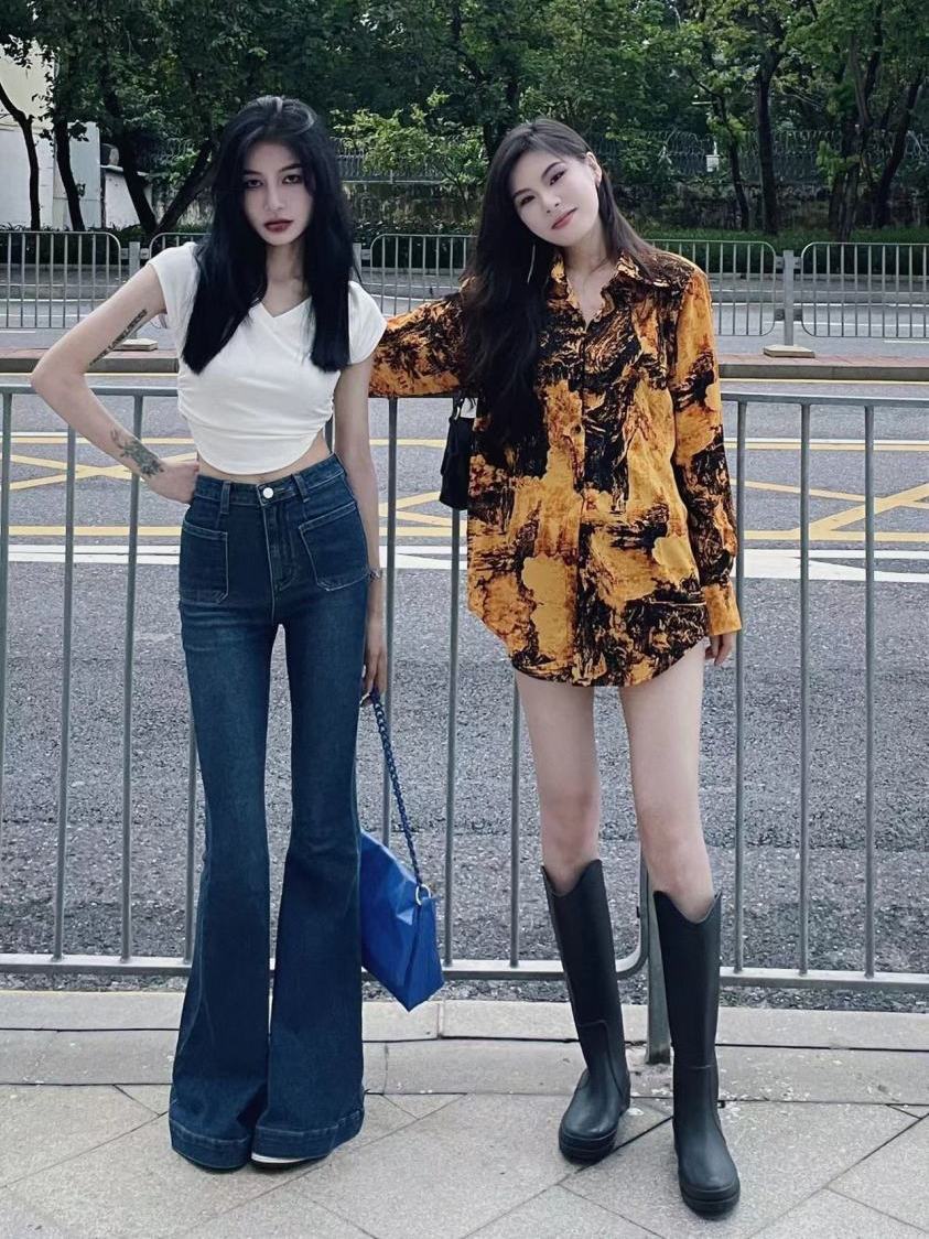 美式高街復古微喇牛仔褲女小個子高腰顯瘦修身彈力denim大喇叭褲