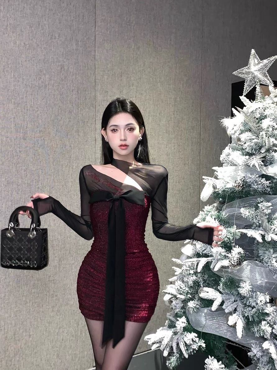 網紗拼接閃鑽連衣裙女秋冬季聖誕戰袍蝴蝶結裙子氣質緊身包臀短裙