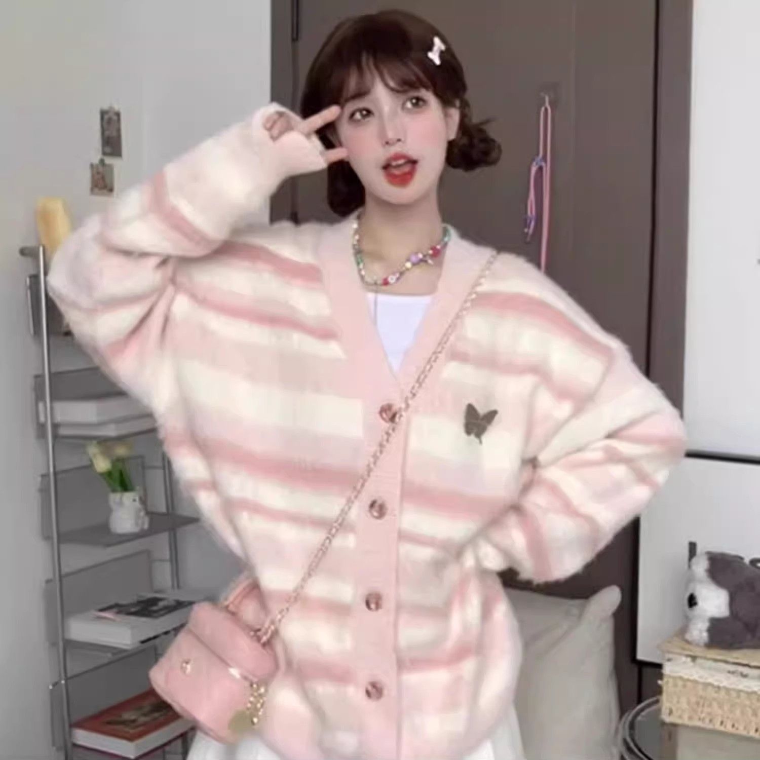 Japanese retro soft waxy V-neck pink striped sweater cardigan for women in autumn and winter loose lazy style thickened knitted jacket