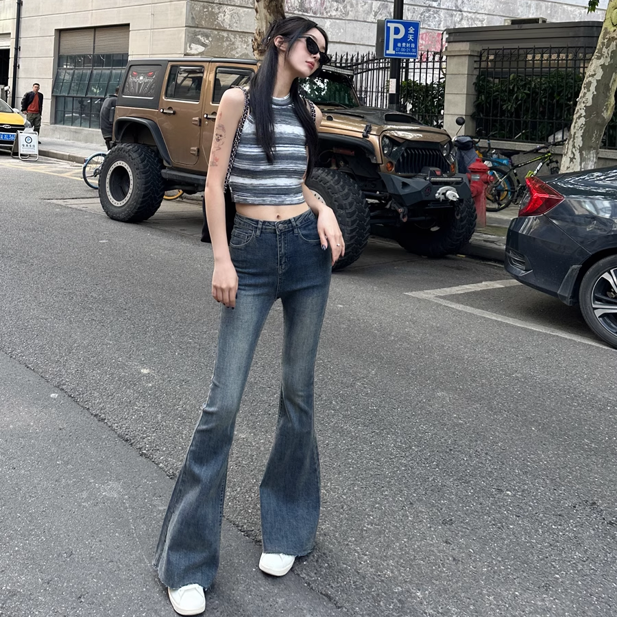 美式復古高腰牛仔褲女秋冬小個子修身顯瘦辣妹百搭時尚潮流喇叭褲