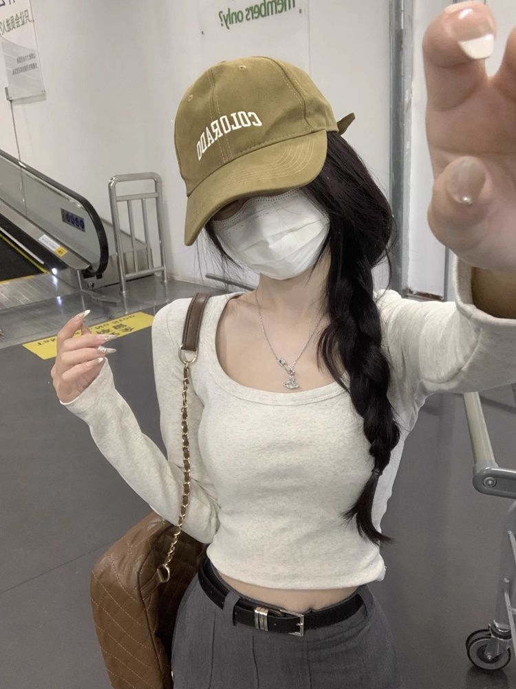純欲風u領短款上衣長袖t恤女2023秋季新款修身顯瘦正肩內搭打底衫