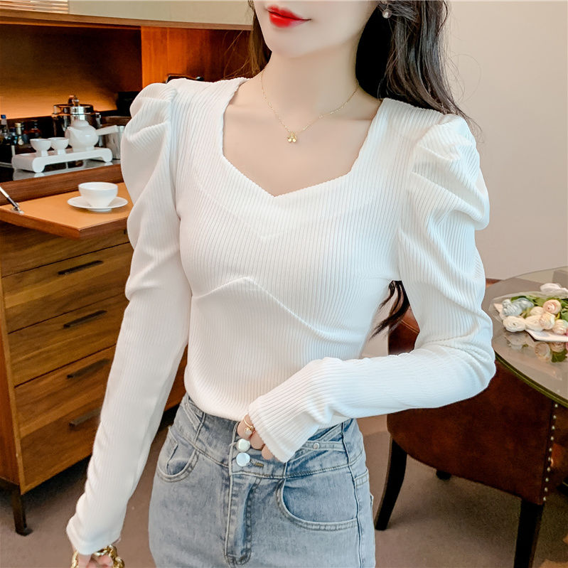 方領泡泡袖打底衫女裝2023春款小眾修身顯瘦外穿長袖t恤女上衣潮
