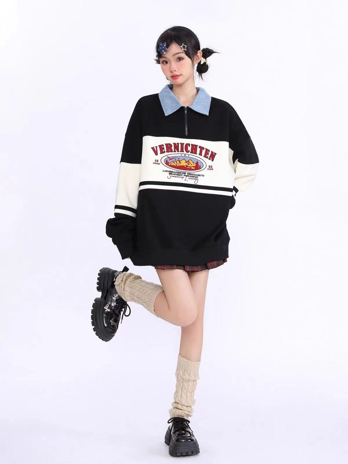 學院風拼色polo領半拉鏈衛衣女2023新款寬鬆oversize韓系復古春秋