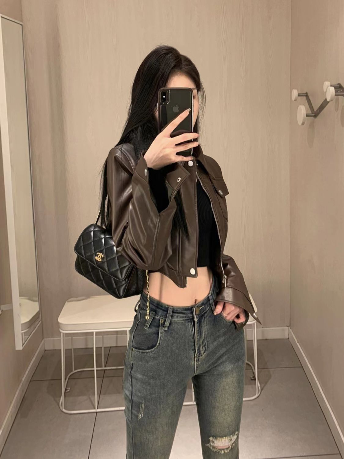 American retro sweet and cool hot girl style brown leather jacket 2024 spring and autumn new design motorcycle jacket top