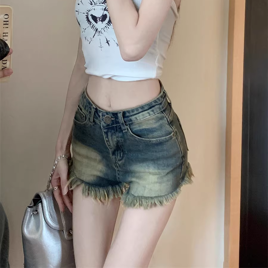 美式復古毛邊牛仔短褲女夏季高腰寬鬆顯瘦百搭辣妹a字闊腿熱褲ins