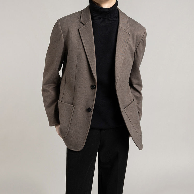 棕色垫肩西装外套男冬款加厚轻熟韩版男装高级感痞帅毛呢西服套装
