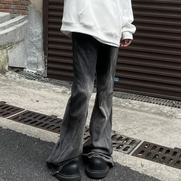 美式高街水泥灰微喇牛仔褲男女秋高腰顯瘦寬鬆不貼腿設計感喇叭褲