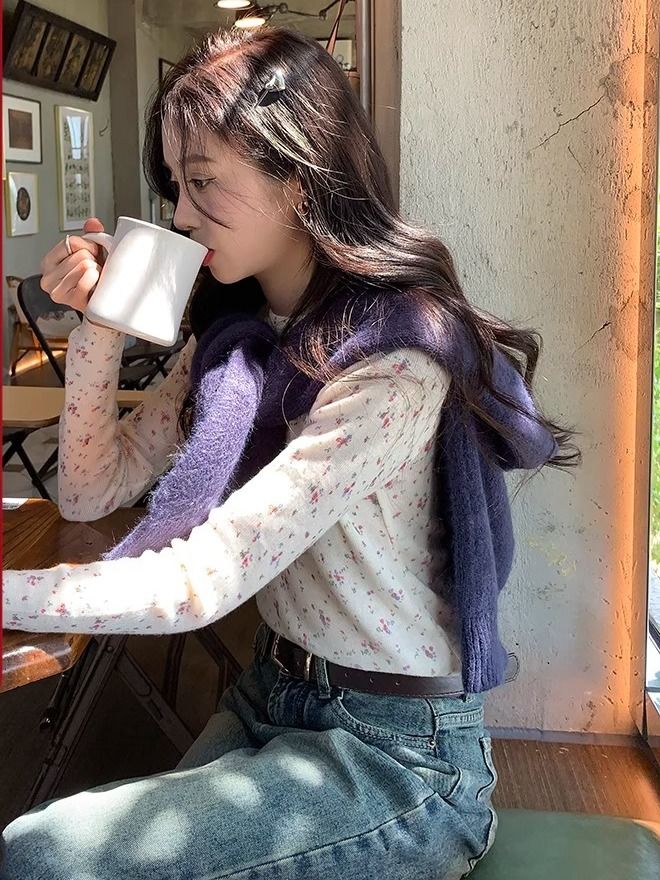 甜美小碎花修身長袖T恤女新款百搭內搭疊穿修身百搭打底衫上衣