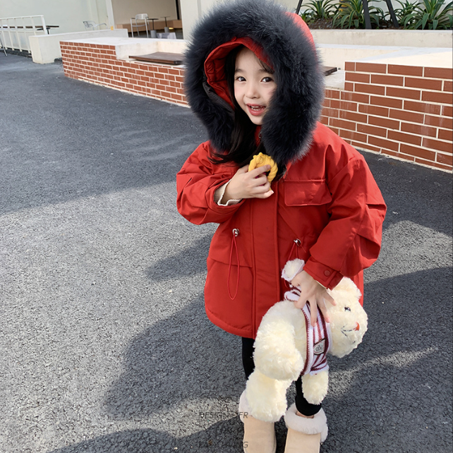 Girls' thickened New Year's clothing red pie jacket winter quilted large fur collar thick coat warm cotton clothing children's cotton-padded jacket