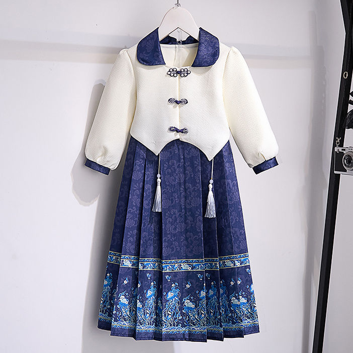 Girls Hanfu Horse Face Skirt Two-piece Set Spring and Autumn New Style Western Fashion Girls Chinese Style Retro Suit Skirt Autumn Clothes