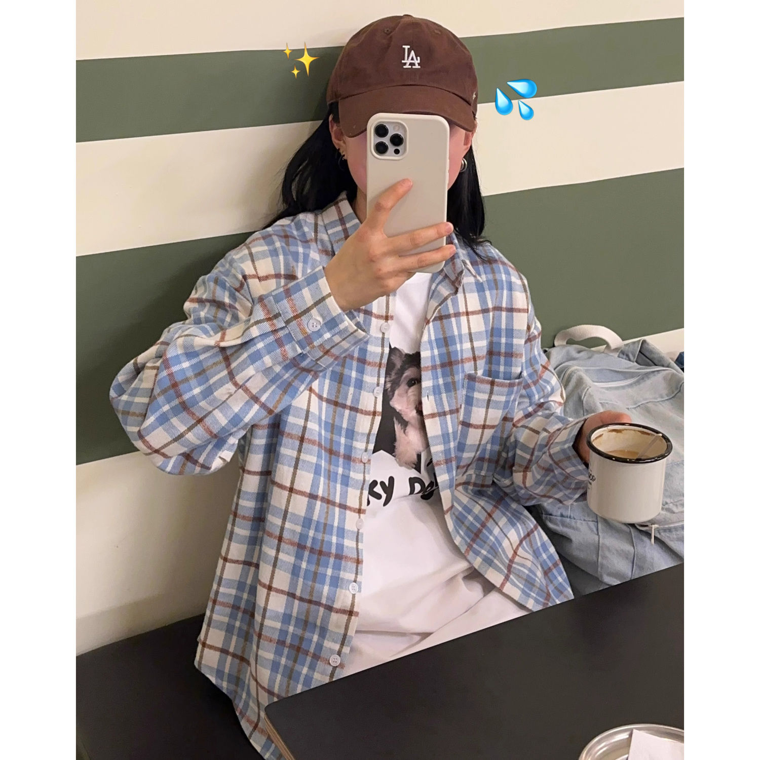 美式復古長袖藍色格子襯衫女春秋新款外套休閒百搭寬鬆上衣襯衣