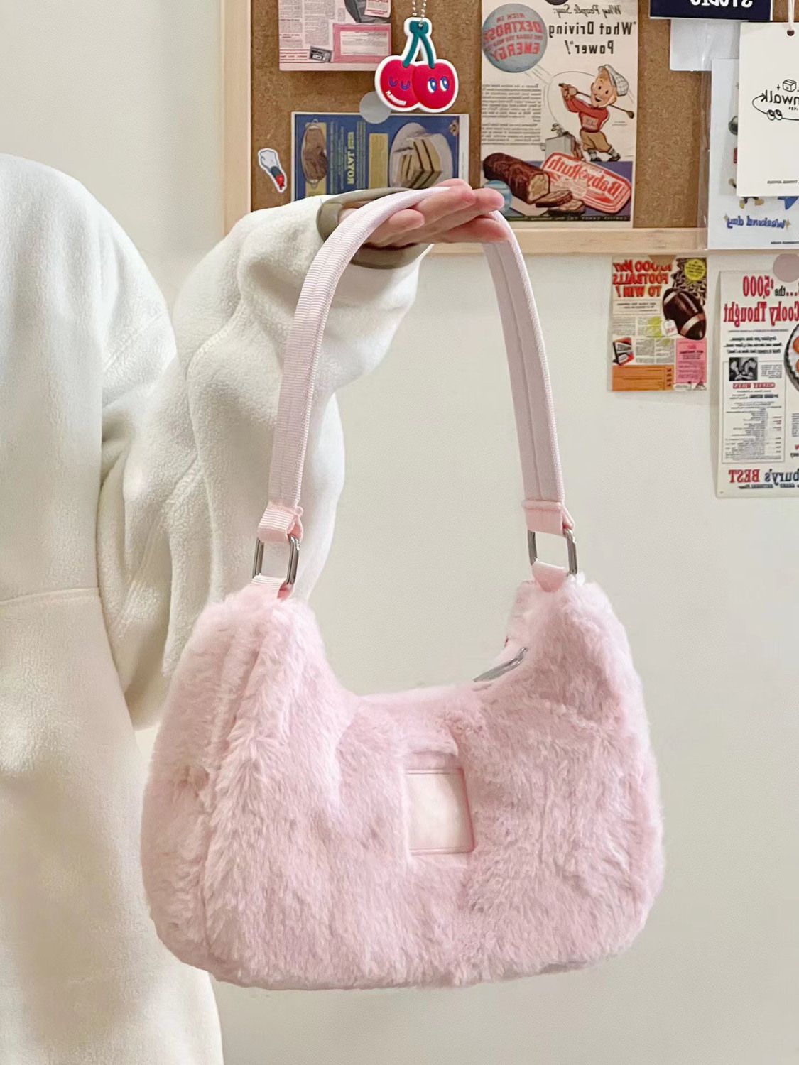 Girly Pink Plush Shoulder Bag Autumn and Winter New Sweet Soft Waxy Underarm Bag Western Style Portable Baguette Bag