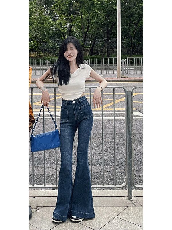 港風高腰復古微喇叭牛仔褲女秋冬小個子設計感經典口袋辣妹馬蹄褲