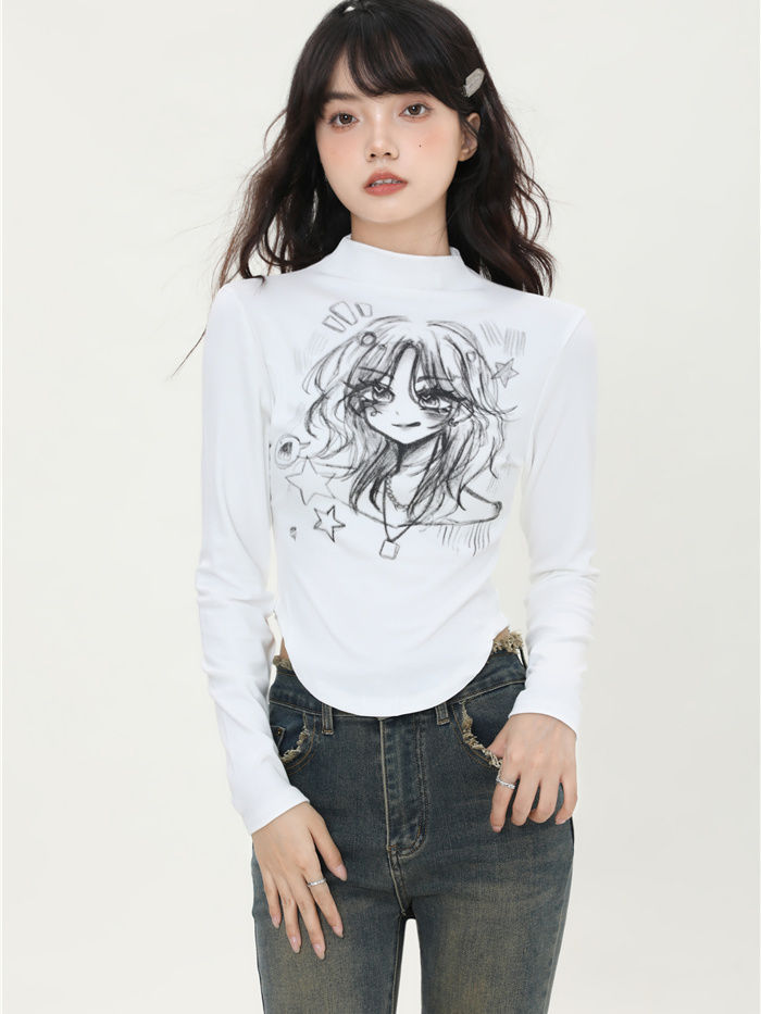 卡通印花半高領長袖T恤女秋季辣妹修身顯瘦打底時尚不規則y2k上衣