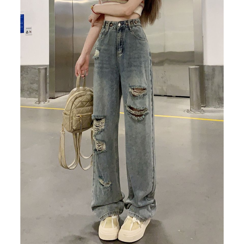破洞牛仔褲女2023春秋新款高腰簡約直筒牛仔顯高顯瘦闊腿拖地褲子