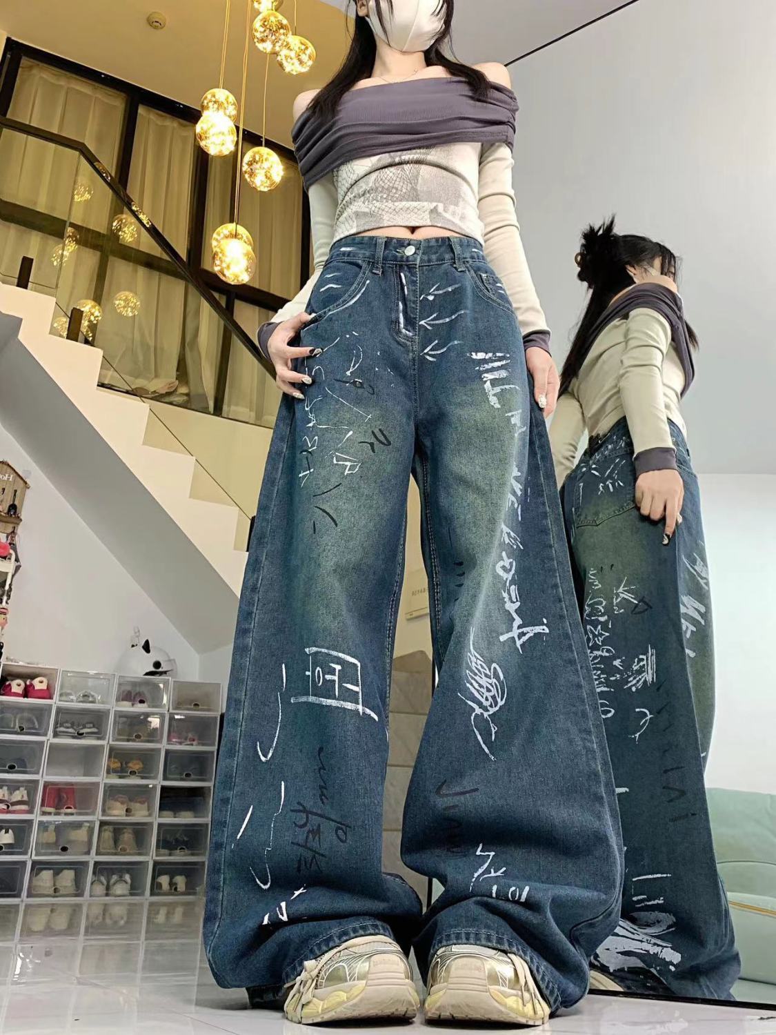 美式高街塗鴉闊腿牛仔褲女秋冬潮牌設計感高腰寬鬆顯瘦直筒拖地褲